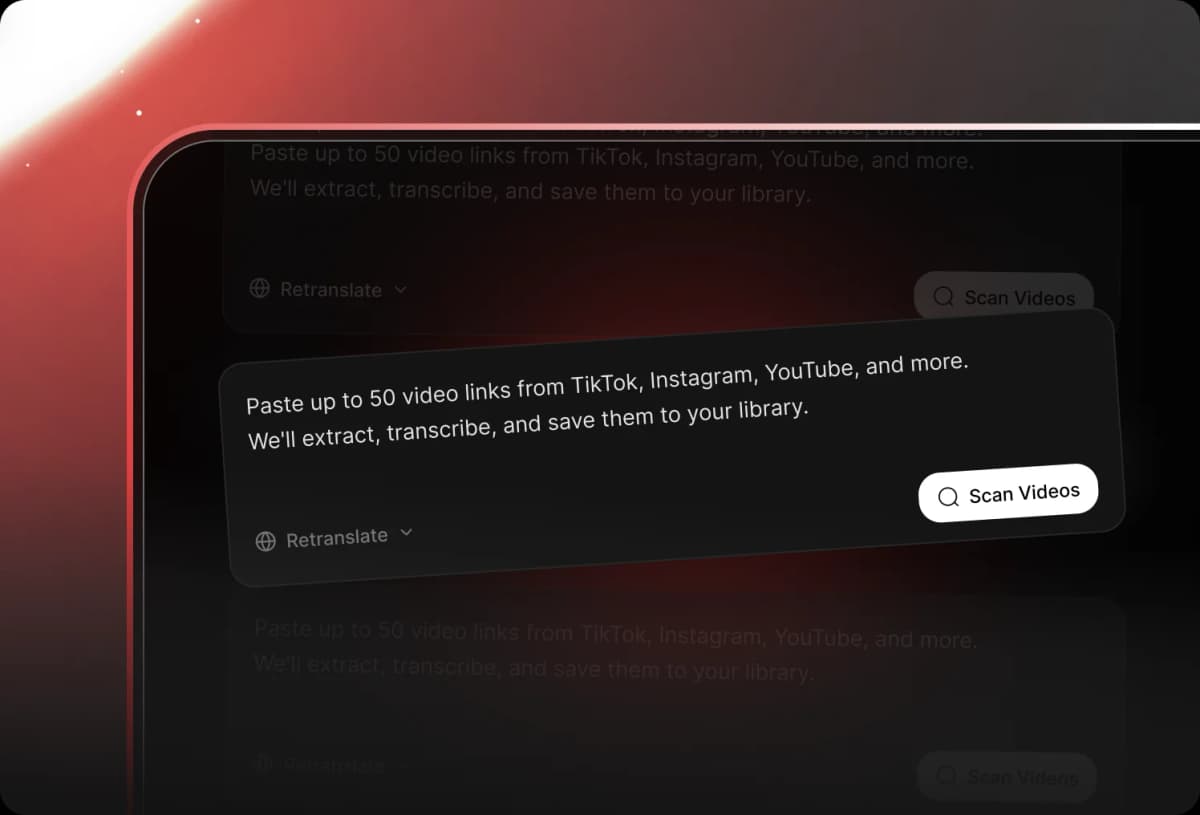 Bulk transcript processing interface showing multiple YouTube video URLs being imported