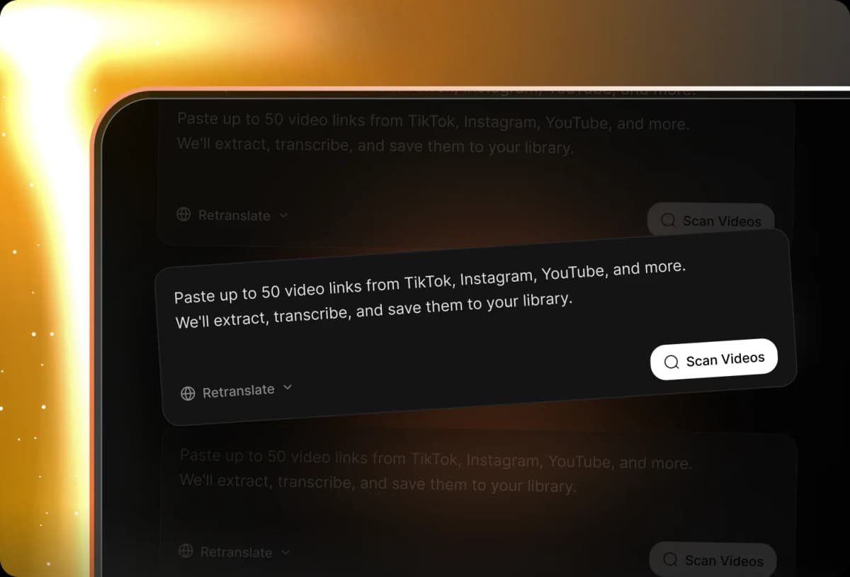 Bulk transcript processing interface showing multiple Instagram Reels URLs being imported
